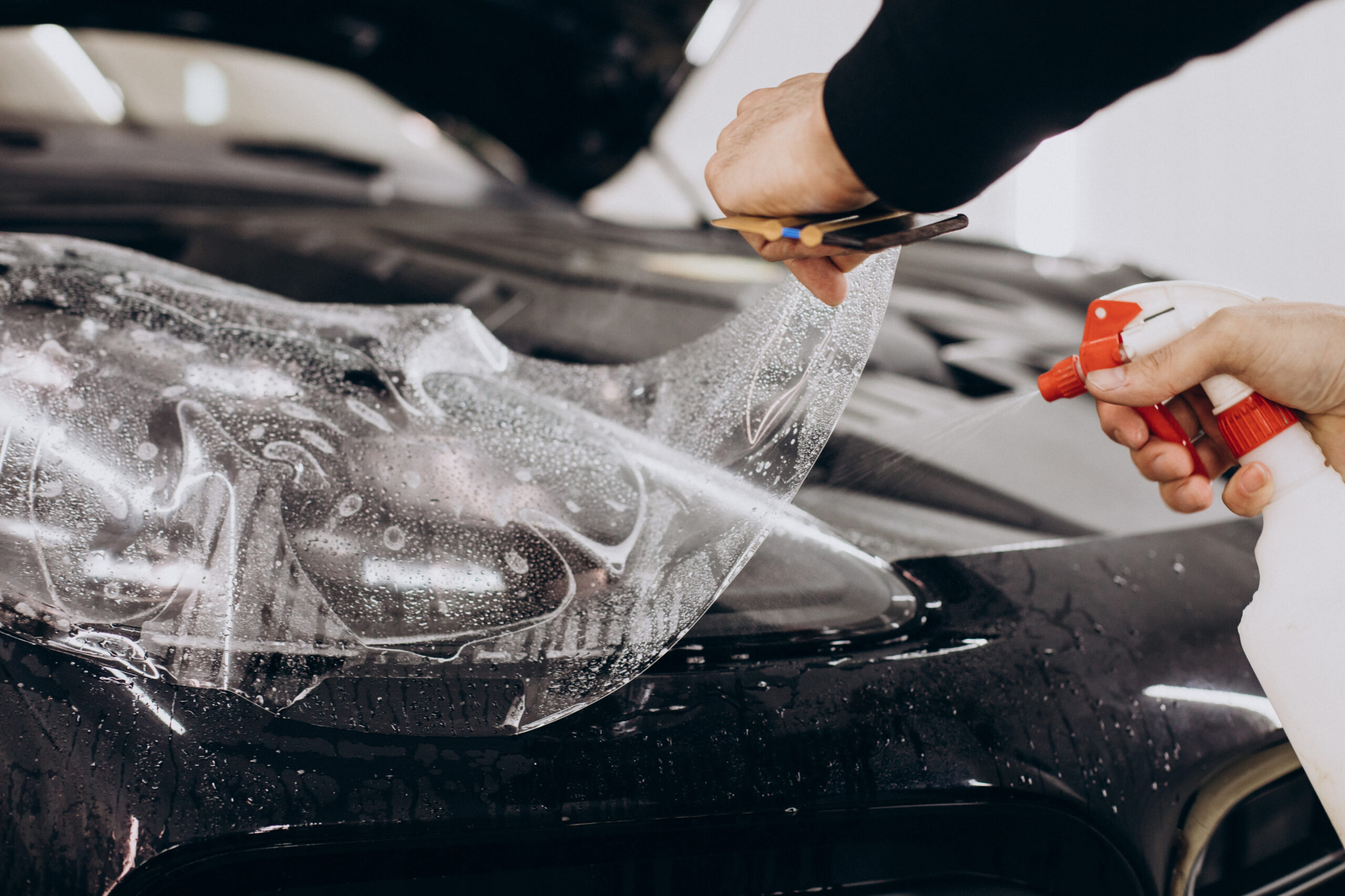 male worker wrapping car with ptotective foil